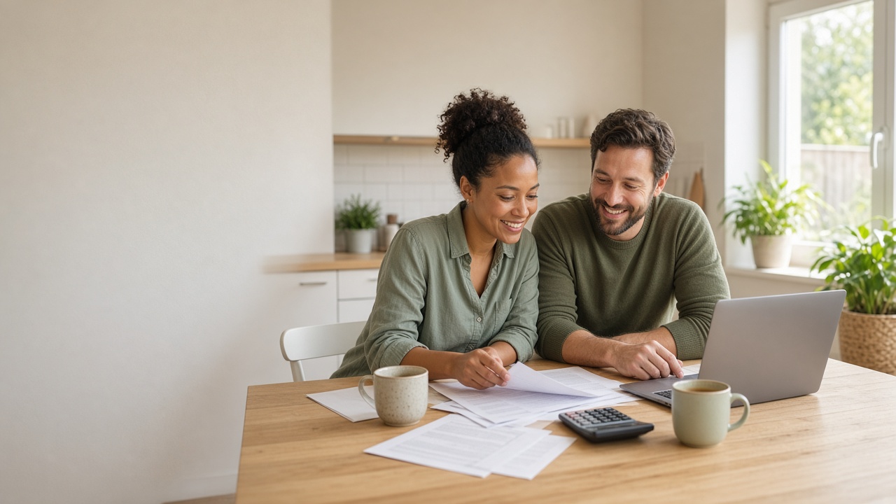 A couple at a kitchen table reviewing household bills with a laptop and calculator